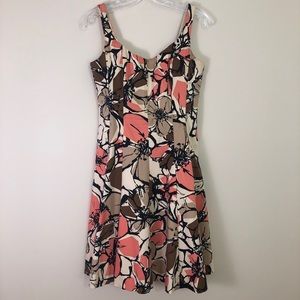 Pink and Brown Abstract Floral A-Line Dress, Sz 8